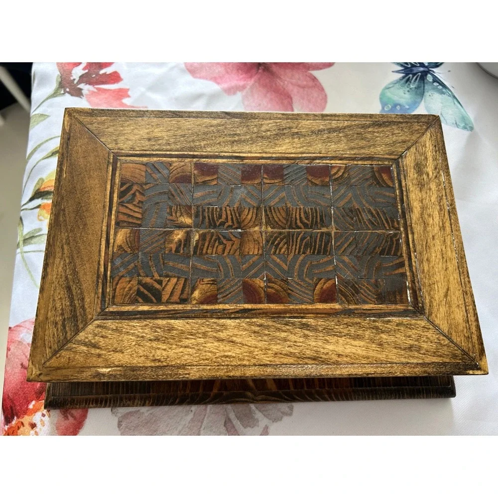 Vintage Handcrafted Parquetry Wood Jewelry Box with Mirror Ring Rolls Signed